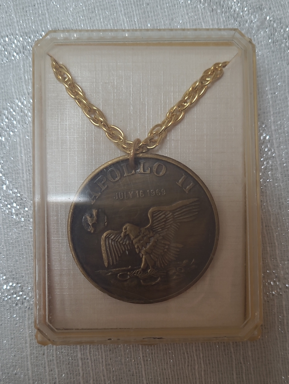 Vintage 1969 Apollo 11 Medallion Necklace, IOB, NASA Tours at KSC